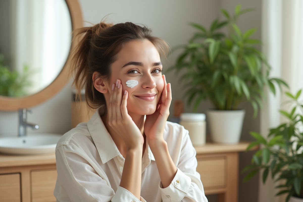 Femme appliquant une creme visage avec sourire naturel
