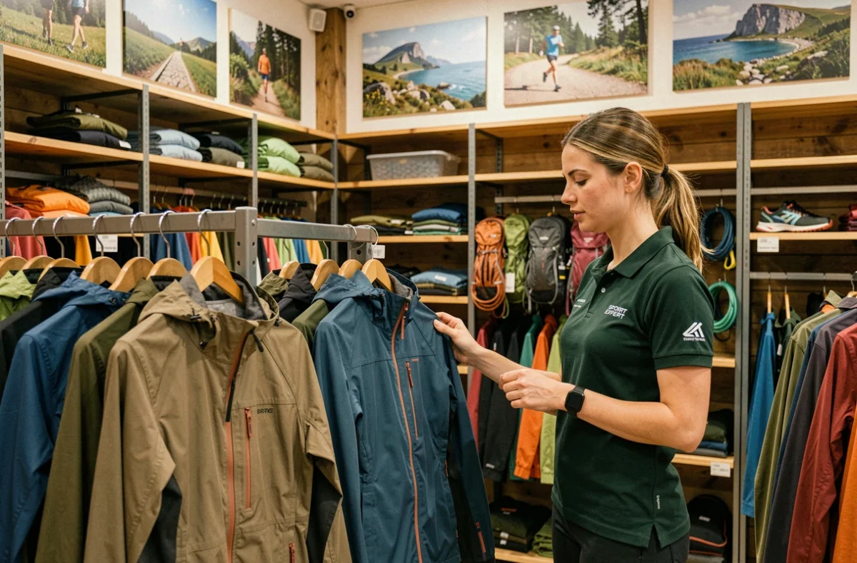 Intérieur du Sport Expert Brest avec une employée en polo vert examinant une veste imperméable près d'un rayon de vêtements trail et outdoor