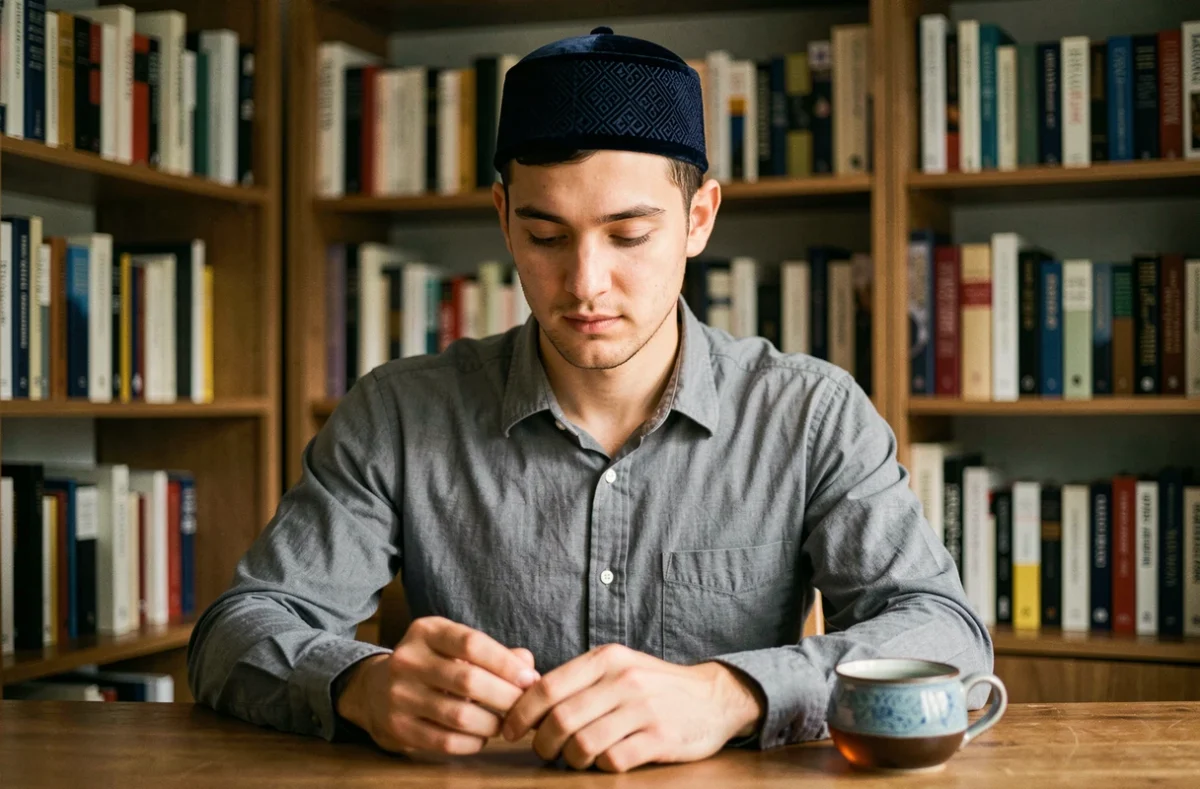 Jeune homme avec une taqiyah brodée en velours marine, assis dans une bibliothèque, montrant les détails de coupe et de matière d'un chapeau musulman