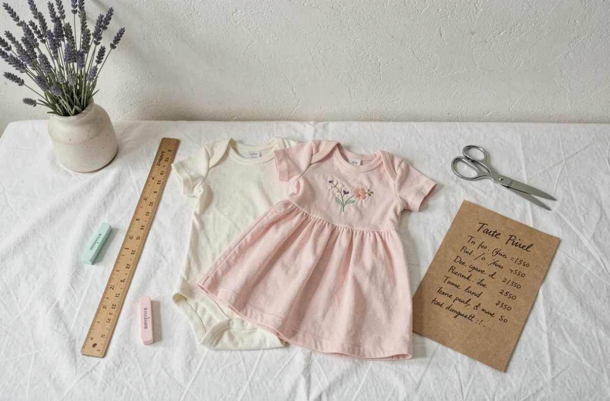Vêtements bébé et outils de couture disposés en flat-lay avec une liste de tarifs de retouches sur papier kraft