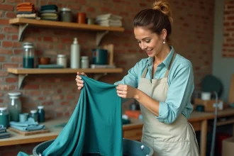 Femme teignant un rideau en polyester avec de la teinture textile turquoise dans un atelier de couture DIY