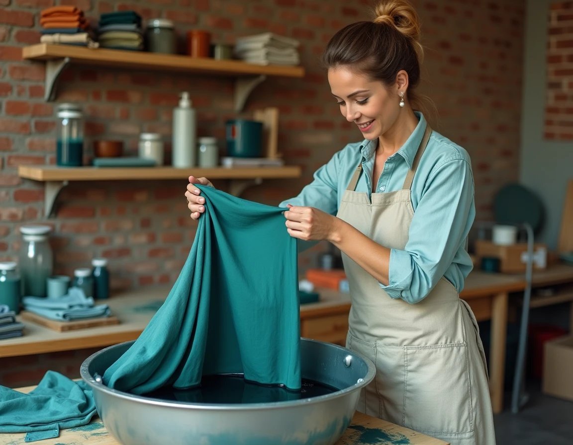 Femme teignant un rideau en polyester avec de la teinture textile turquoise dans un atelier de couture DIY