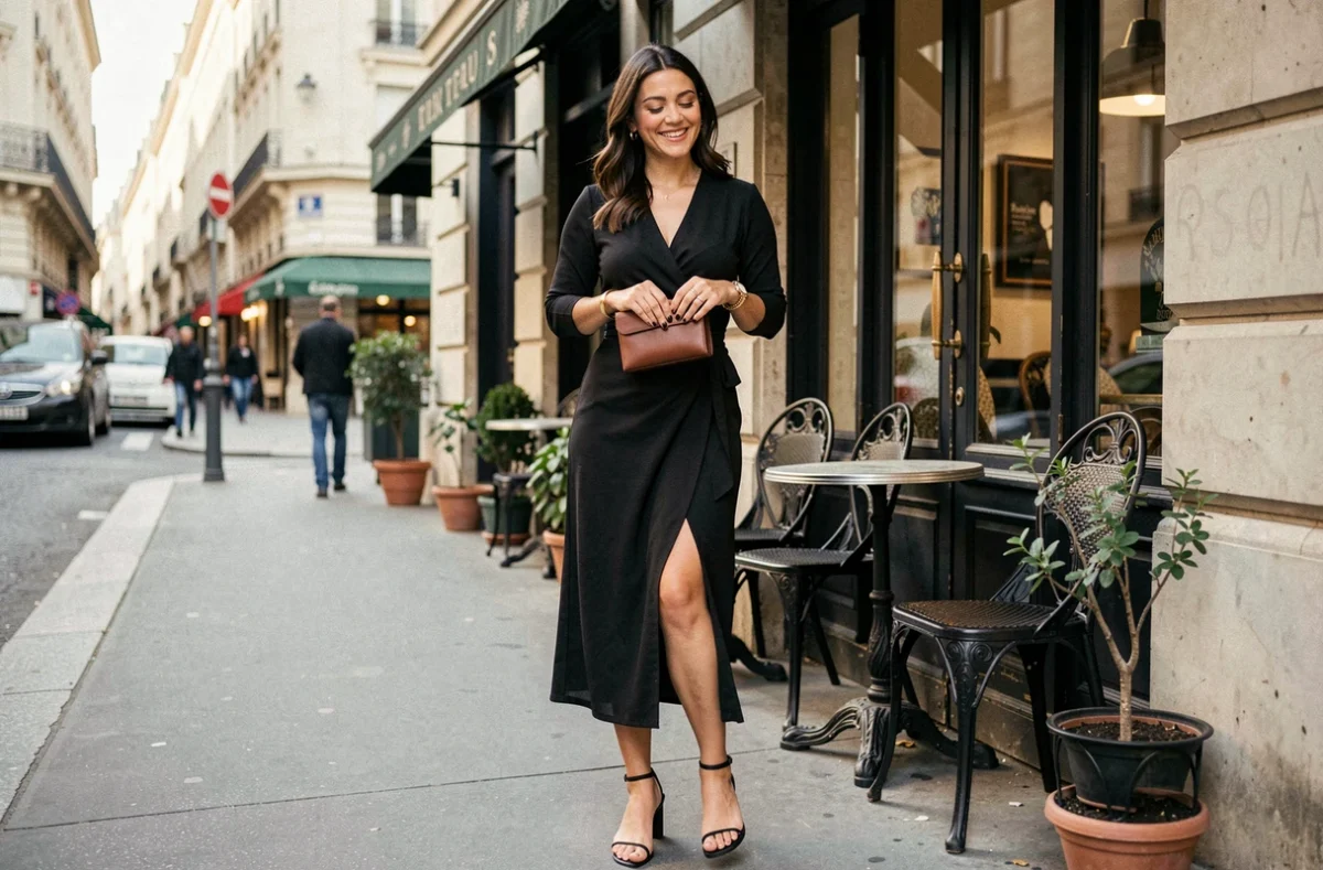 Femme en robe d'anniversaire noire avec clutch et bracelets dorés devant un café parisien en plein air