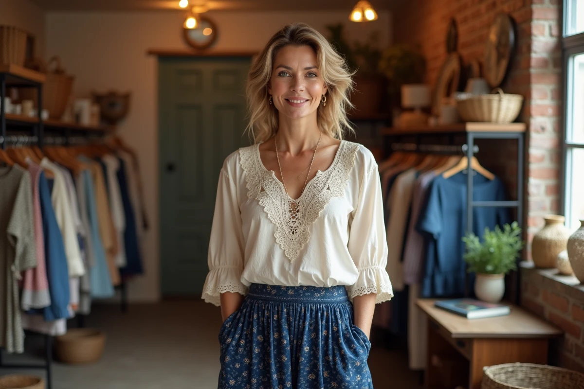 Femme petite et menue en jupe A-line batik indigo et blouse paysanne dans une boutique bohème, conseils de coupes hippies pour morphologie petite