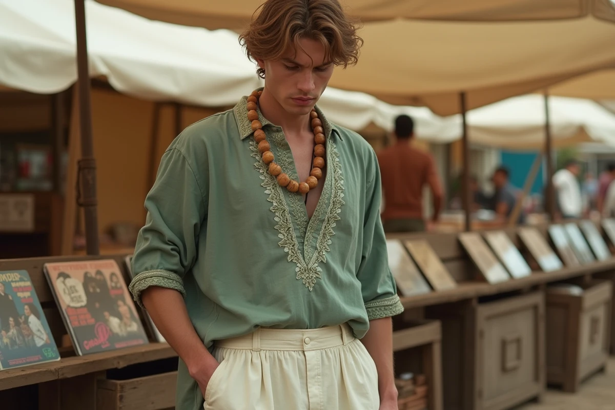 Homme mince en pantalon large en lin et tunique brodée verte style hippie dans une brocante vintage, coupes adaptées à la morphologie longiligne