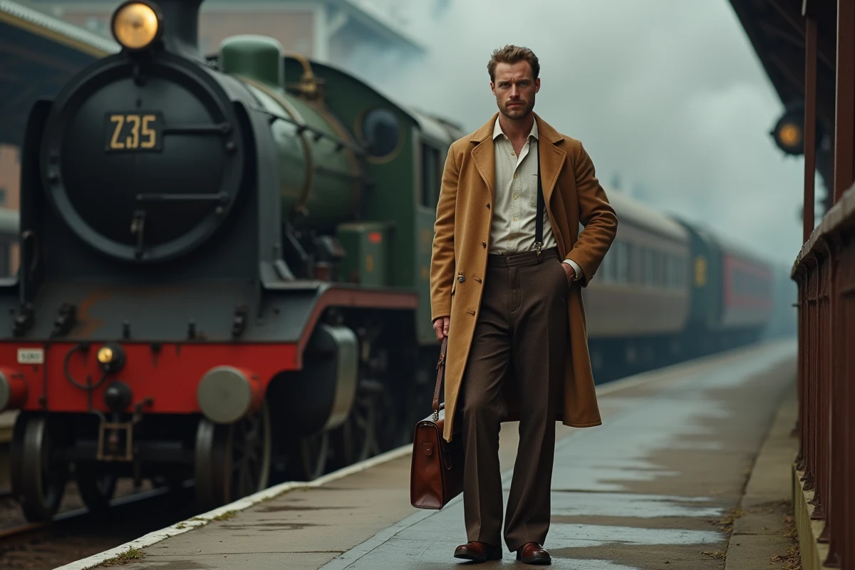 Homme en tenue années 30 pantalon large bretelles et long manteau camel sur un quai de gare vintage à vapeur