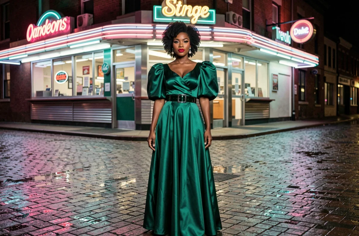 Femme à peau noire en robe satin vert émeraude manches bouffantes années 80 devant un diner rétro au néon