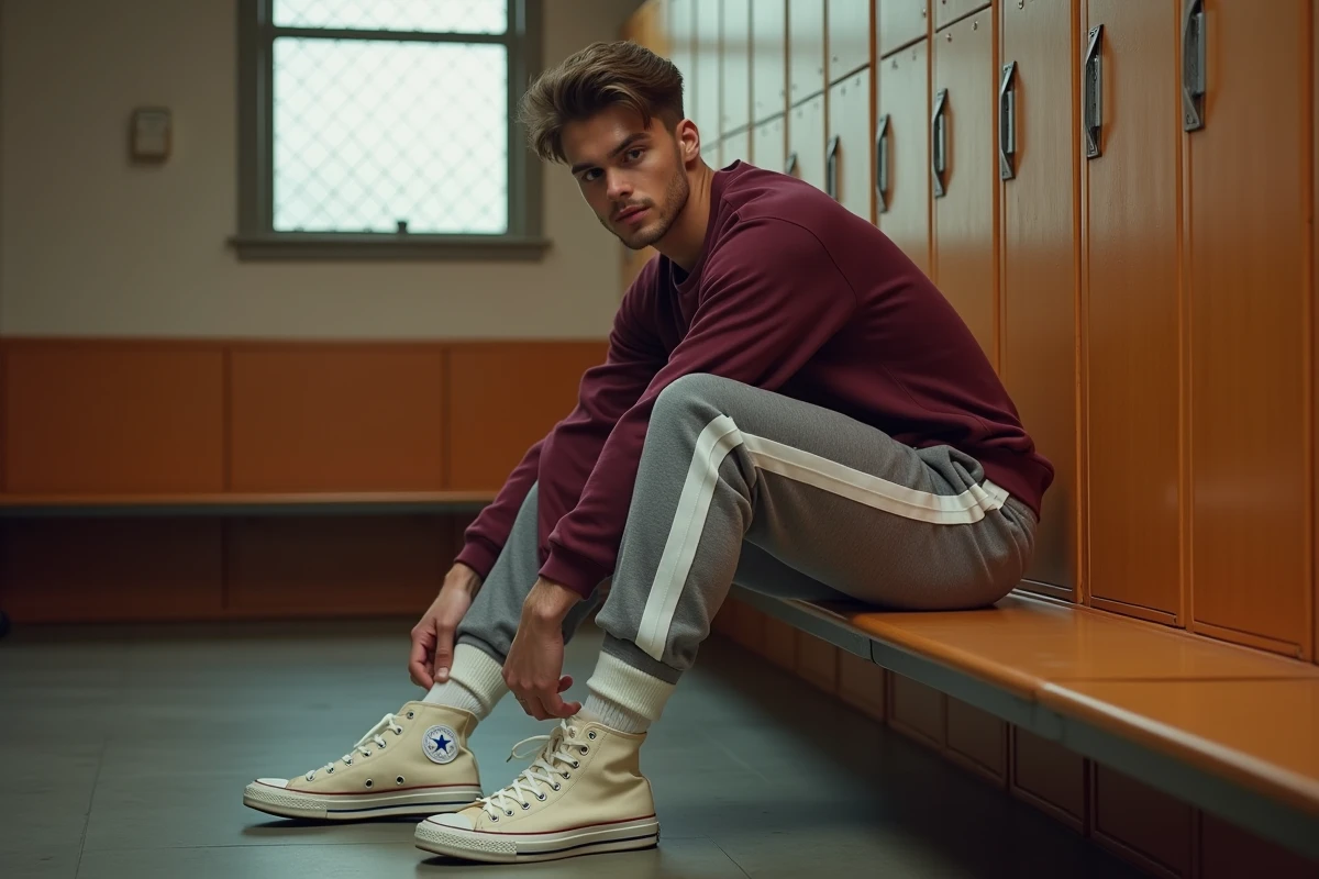 Homme en tenue sportive rétro années 80 avec sweatshirt bordeaux et jogging gris dans un vestiaire vintage