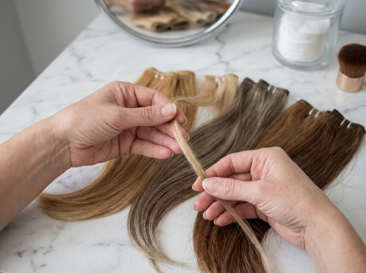 Test de qualité des extensions de cheveux sur un comptoir en marbre blanc, différentes teintes comparées