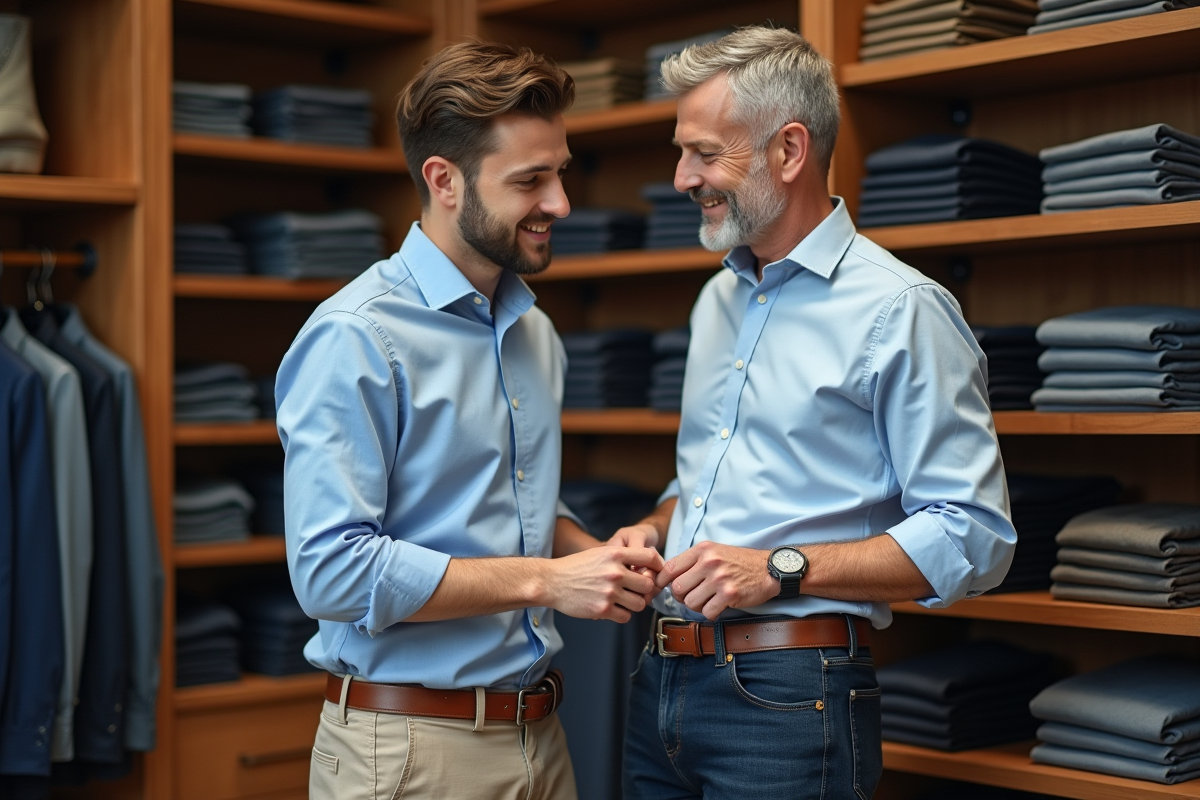 Vendeur aidant un client à choisir une ceinture en boutique