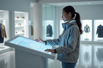 Femme portant une veste connectée avec LED interagissant avec un écran OLED dans une boutique de mode high-tech