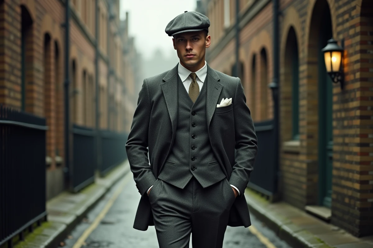 Homme en costume trois-pièces tweed années 30 style Peaky Blinders avec flat cap dans une ruelle pavée brumeuse