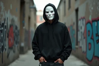 Rappeur masqué Visage Ziak posant dans une ruelle urbaine en béton, portant un masque blanc intégral et un hoodie noir oversize