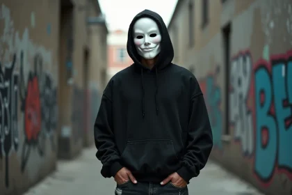 Rappeur masqué Visage Ziak posant dans une ruelle urbaine en béton, portant un masque blanc intégral et un hoodie noir oversize