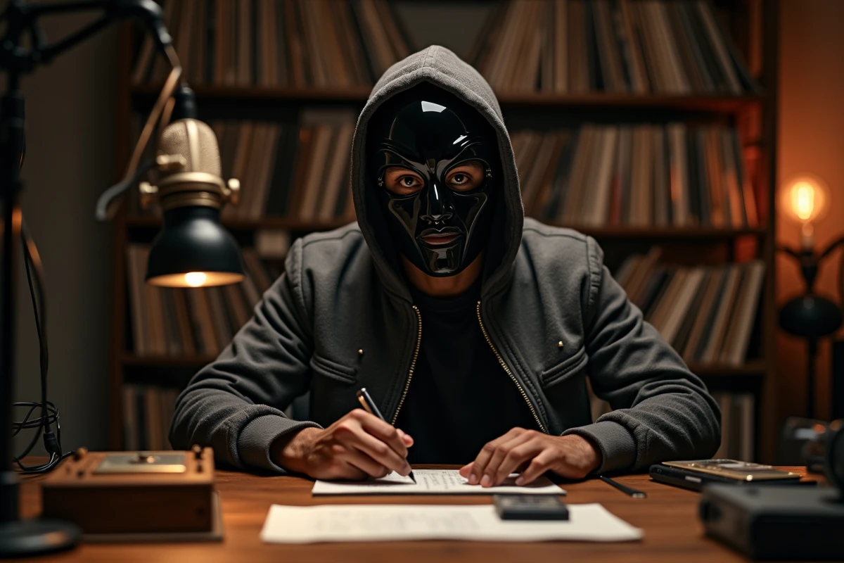 Artiste rap masqué en studio d'enregistrement vintage, assis devant des paroles manuscrites et un microphone rétro, masque noir brillant