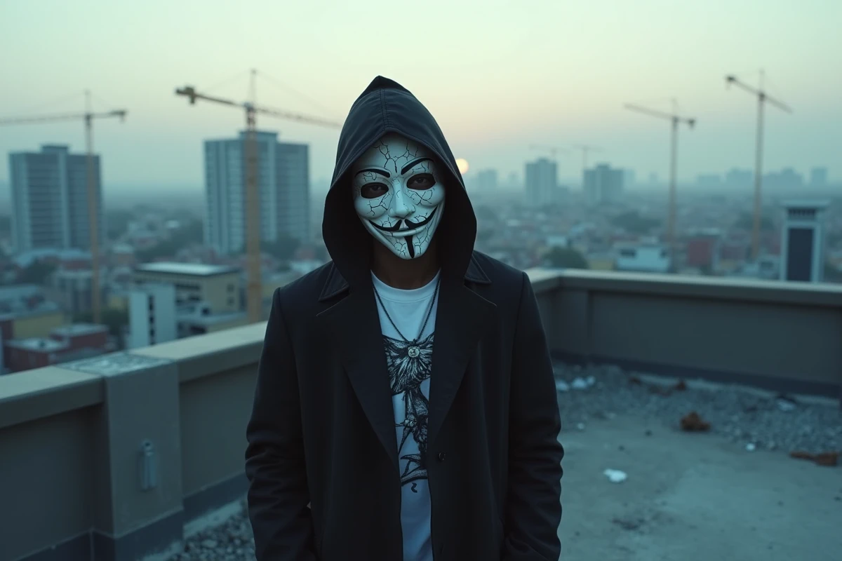 Rappeur masqué Visage Ziak sur un toit urbain au crépuscule, manteau noir structuré et masque en plâtre peint avec skyline en arrière-plan