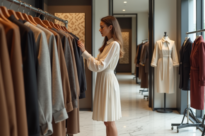 woman-showroom-couture Femme élégante dans une boutique de couture moderne